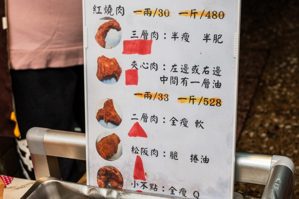 阿角紅燒肉劉美麗菜單價目卡，三層肉與夾心肉一兩30元一斤480元，二層肉、松阪肉、小不點一兩33元一斤528元